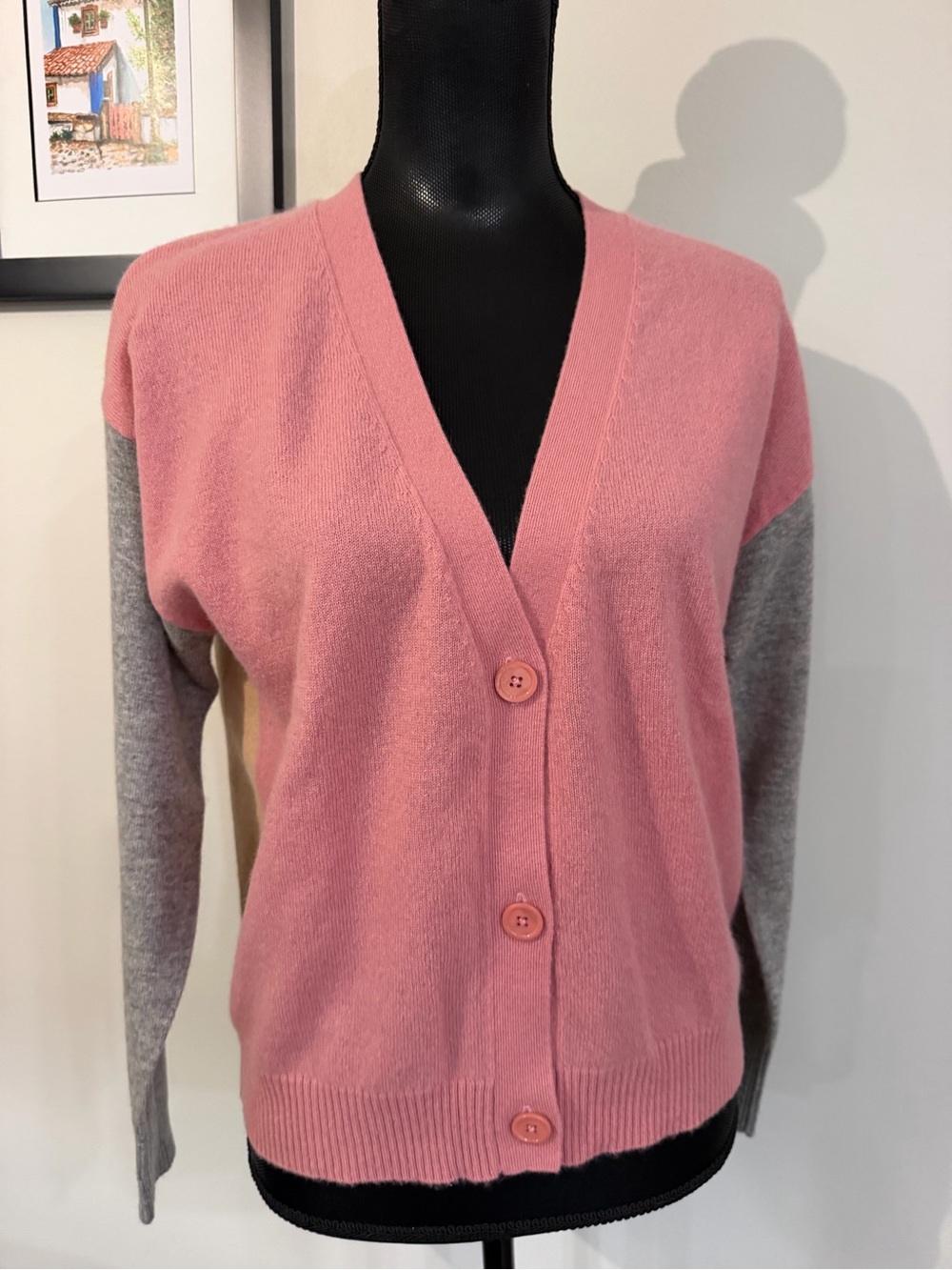 Magaschoni Women’s 100% Cashmere Pink Colorblock Button-Front Cardigan Sweater M